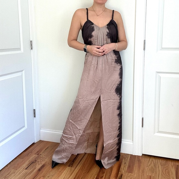 Silk Satin Chiffon Front Slit Evening Gown - Picture 3 of 11